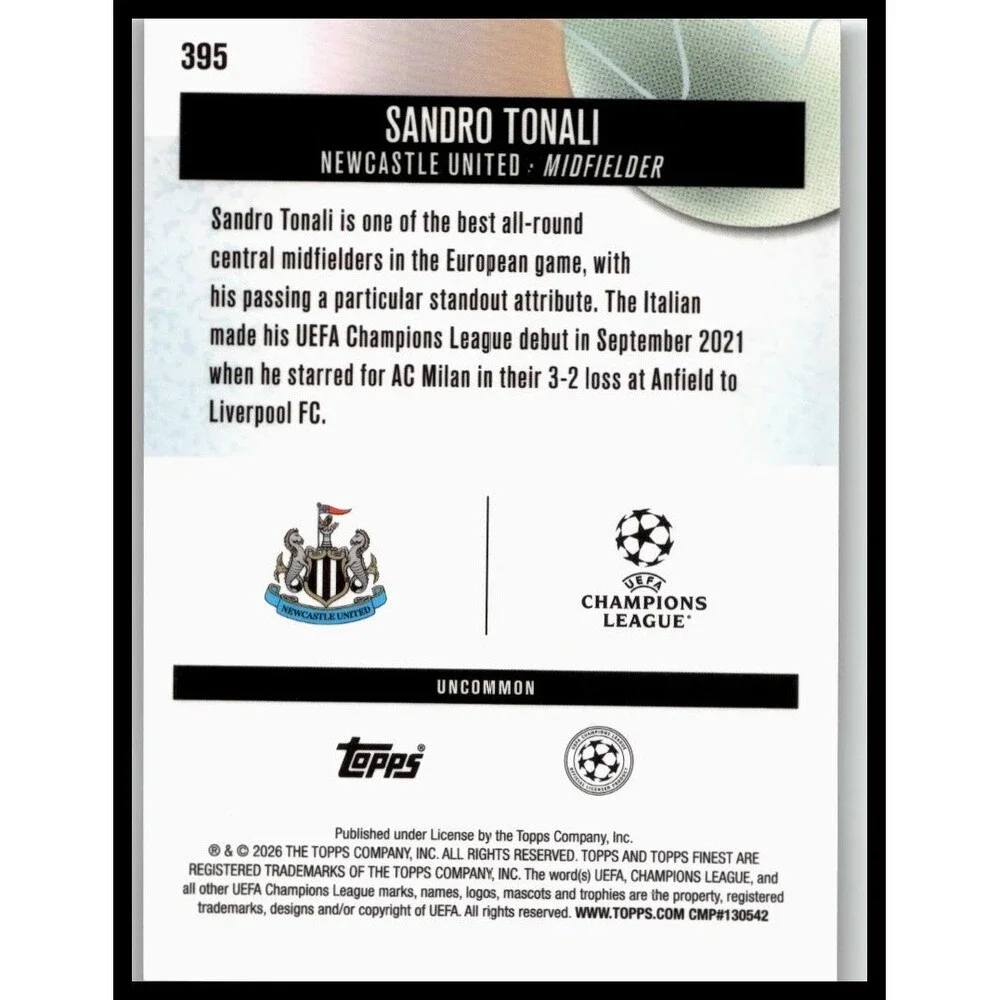 2025-26 Finest UEFA Sandro Tonali #395 Newcastle United Uncommon